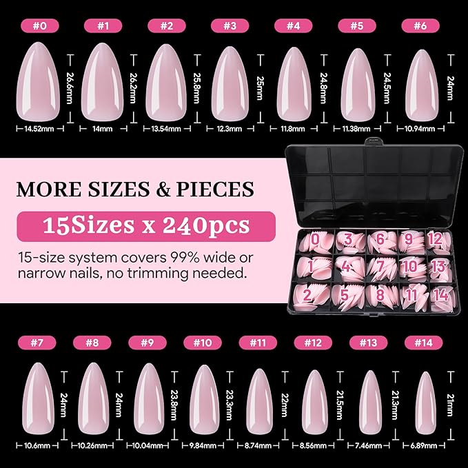 Qiek Medium Almond Pre-Building Nail Tips, 15 Sizes 240 PCS Pre-shaped Apex Pink Soft Press On Fake Nail Half Matte Gel Nail Extensions Strong Thick Acrylic Tip for DIY Beginners & Salon Manicure