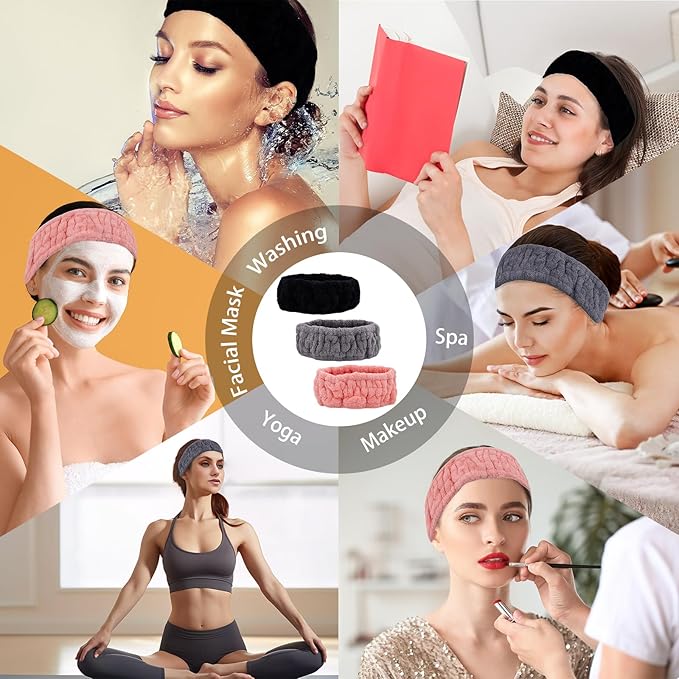 Pejnl Microfiber Spa Headband 3-Pack, Soft Terry Cloth Headband for Washing Face, Facial Mask, Makeup, Shower, Yoga, Gift for Women and Teens (Black+Gray+Pink)