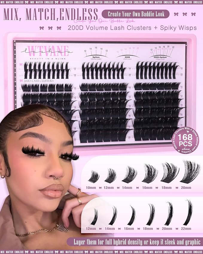 Wtvane Wispy Lash Clusters with Spikes Eyelash Clusters DIY Lash Extensions with 10-20MM 200D Individual Lashes 12-22MM Spiky Lashes Clusters Volume Manga Cluster Eyelash Extensions for Baddie Look