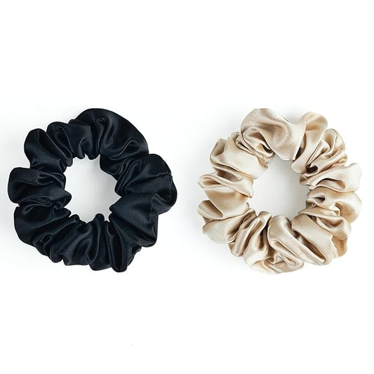 SILKLAB 22 Momme 100% Mulberry Silk Scrunchies (2 Pack, Black, Champagne), Well-Hold Elastic for No-Damage, Soft Hair Ties, 6A Grade, OEKO-TEX Certified, Reduces Frizz & Breakage