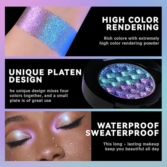 Noerrors Chameleon Eyeshadow,Multichrome Face Highlighter Palette, High Pigment, Holographic Eyeshadow palette Blue-Pink Color Shift Metallic Shimmer Eyeshadow Duochrome Face Makeup Highlighter