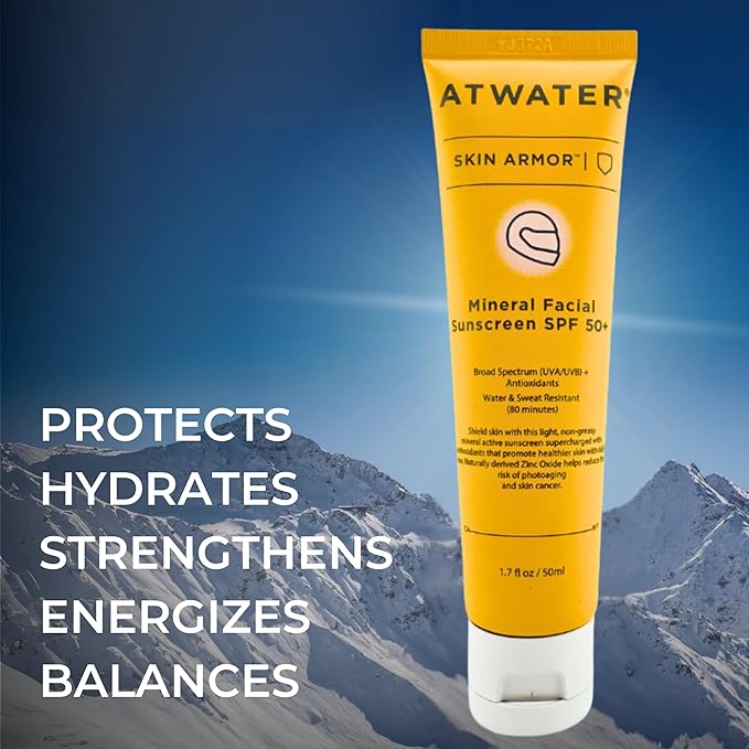 ATWATER Skin Armor Mineral Face Sunscreen SPF 50+, Ultra Light All-in-One Sunblock Moisturizer for Men and Women, Water & Sweat Resistant - 1.7 oz (2-Pack)