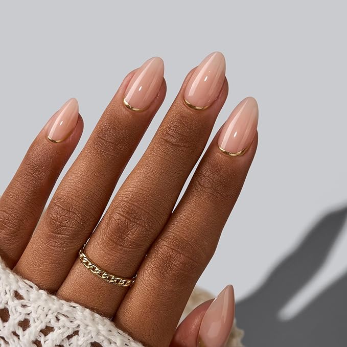 BTArtbox Press On Nails Almond - Short Gold Foil Press On Nails with Glue for Women, Semi-Transparent Soft Gel Glue On Nails in 16 Sizes - 32 Stick On Nails Kit, Gold End