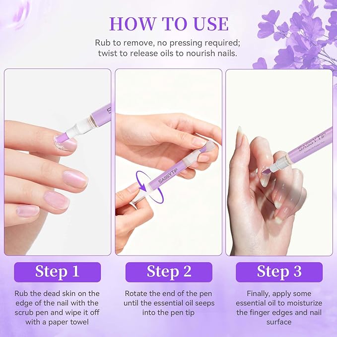 SASSYTIP Cuticle Pusher Oil Pen - Cuticle Remover & Nail Oil Pen with Rose & Lavender Scents, Portable Nail Care Pen for Work & Travel, Moisturizes & Strengthens Dry Cuticles (Lavender)