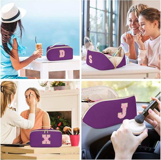 Personalized Initial Makeup Bag, Valentine's Day Gifts for Girls,Preppy Bag Cosmetic Travel Bag Women,Travel Toiletry Organizer,Large Capacity Corduroy Stuff Bag,Cute Cosmetic Pouch Skincare Bag