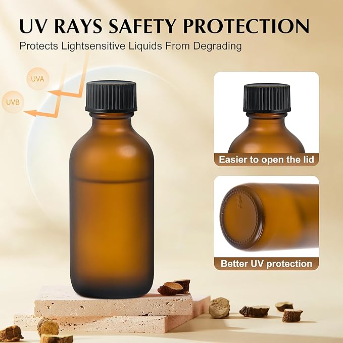 Exlvanto Small Glass Bottles with Lids Boston Round Shot Bottles for Health, Immunity, Ginger Juice, Essential Oils, Potion - Leak Proof Mini Travel Containers (Amber Frosted, 2oz-24Pack)