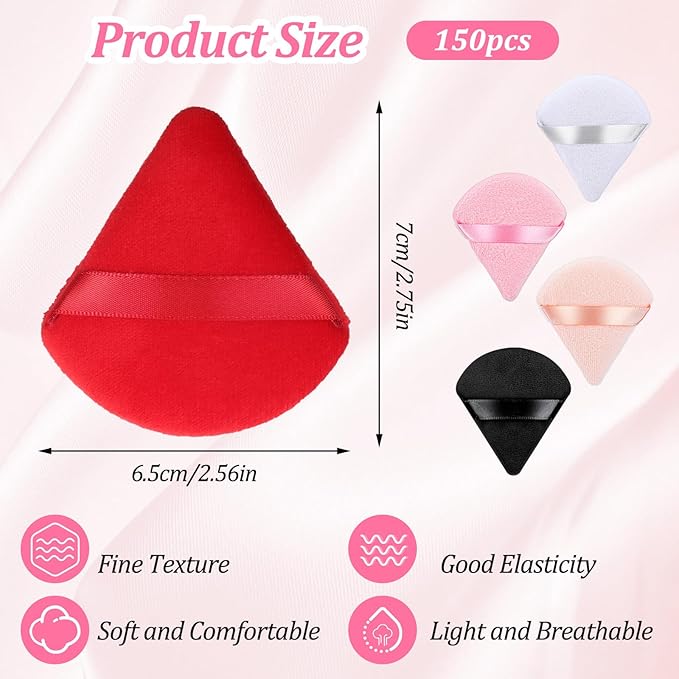 Molain 150 Pcs Triangle Powder Puffs, Soft Makeup Puffs Wet & Dry Use Cosmetic Sponge Applicators for Loose Powder Foundation Face Body(Black, Pink, White, Brown, Red)