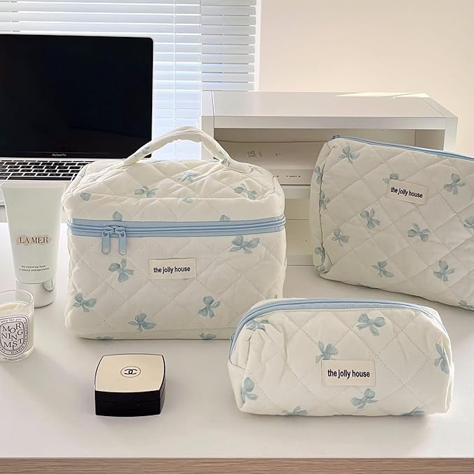 Cute Makeup Bag Aesthetic Floral Quilted Cotton Cosmetic Bag Travel Organizer Toiletry Pouch 3 Pack Set (02Blue Bow)