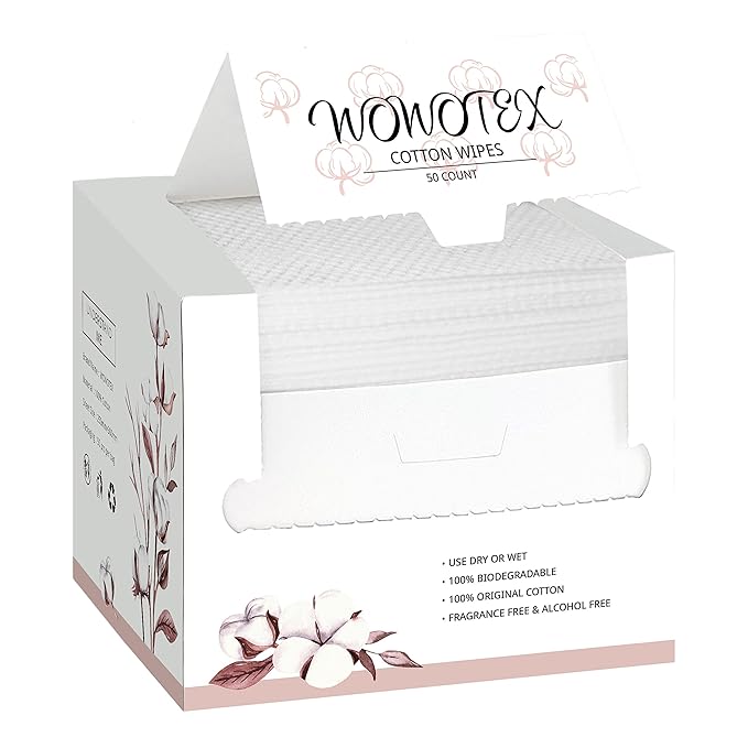 WOWOTEX 100% Cotton Disposable Face Towel 50 Count 10x12 Inch | Biodegradable Thick Soft One Time Use Dry Wipes for Sensitive Skin, Baby Care, Facial Cleaning, Makeup Removal