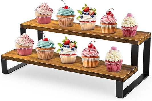 ELITEROO Wooden Display Riser Stand, Tiered Perfume and Cologne Organizer Stand, 2 Tier Rustic Display Shelf for Party,Makeup,Figures,Cupcake,Perfume,Dessert,Candles