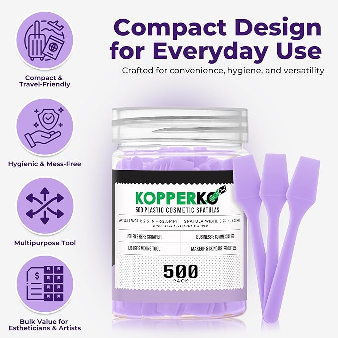 Kopperko Mini Beauty Spatula (2.5", 500 Pack) - Small Beauty Spatulas for Creams, Cosmetics & Crafts | Moisturizer Applicator for Mixing, Cosmetic, Face Mask | Disposable Makeup Spoon | Purple