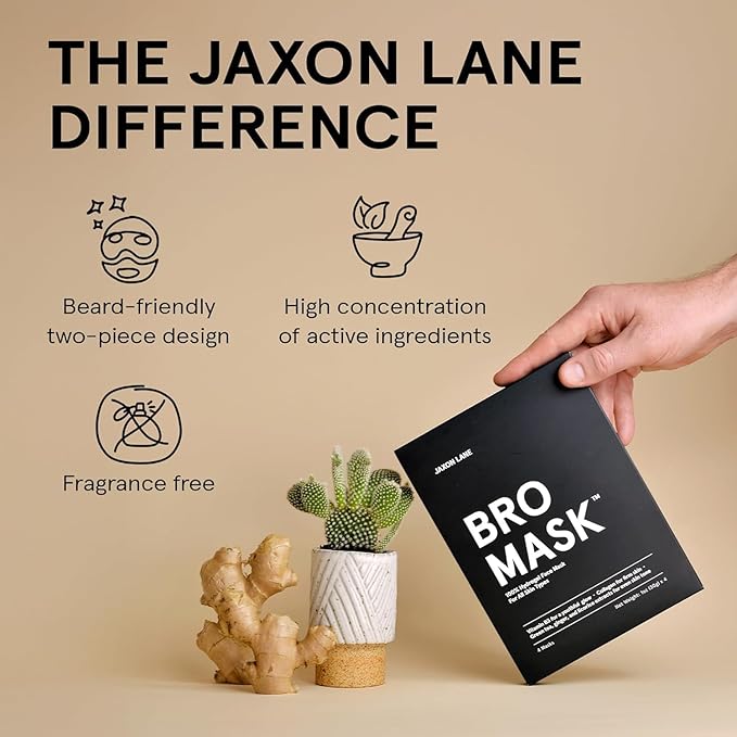 JAXON LANE BRO MASK Premium Korean Face Mask for Men (4 Pack) - Anti Aging Sheet Masks w/Hydrogel, Vitamin C, Hydrolyzed Collagen, & Hyaluronic Acid - Perfect Skin Care Stocking Stuffers for Men