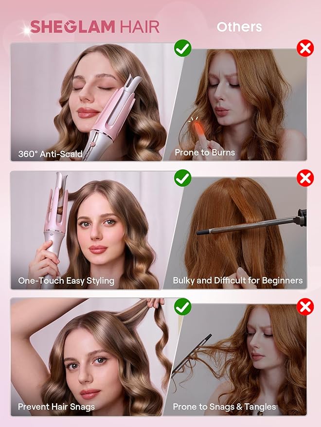 SHEGLAM Pink Curling Iron Automatic Gift for Woman (Pink, 1 inch)