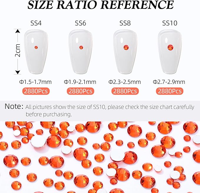 Meibite Hyacinth Flatback Rhinestones, Glass Rhinestones for Nail Art and Craft, Glue Fix, Loose Crystal Gemstones(Orange, SS4, 2880pcs, 1.5-1.7mm)
