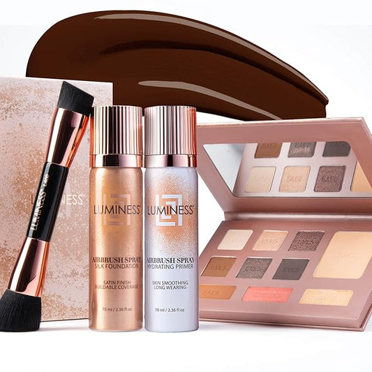 LUMINESS Complete Makeup Kit - Includes Face Palette, Airbrush Foundation, Primer and Brush - Silky, Long-Wearing, Easy to Blend, Perfect Makeup for Older Women, 4-PC Make Up Set (16 - Light Rich)