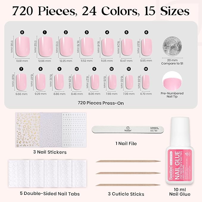Beetles Press On Nails Kit - Bubble Pop | 720Pcs 24 Colors Short Square Press On Nails | 15 Sizes French Glossy Glitter With Nail Glue & Nail Tabs Stickers, Fake Nails Kit Art For Women
