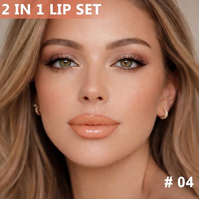 Jutqut Nude Lip Liner and Gloss Lip Kit, Waterproof Long-Lasting Combo Set with Matte Lip Liner Pencil and Non-Sticky Pluming Tinted Gloss, Highly Pigmented Lipliner Set for Women (04 Nude)