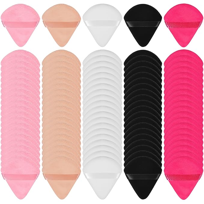 Oqqlin 100 Pcs Triangle Powder Puffs Bulk, Soft Velvet Powders Puff Muticolor Wet Dry Makeup Sponge for Loose Powder, Press Powders (5 Color)