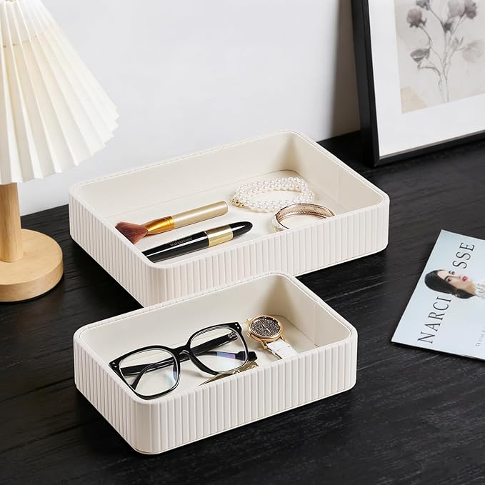 MEIBOOCH 2 Pack Nightstand Organizer Tray, Decorative Perfume Valet Tray Trinket Dish Catch All Purse Key Bowl, PU Leather Coffee Table Trays for Vanity Dresser Bedside Bathroom Countertop (Ivory)