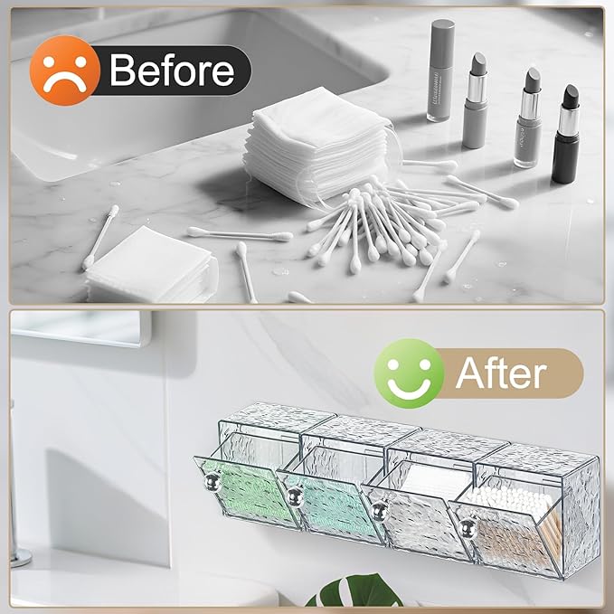 IWNTWY Qtip Holder Dispenser, Wall Mounted Plastic Cotton Pad Holder, Cotton Ball, Swabs, Floss, Makeup Organizers Containers for Vanity Bathroom (Transparent Gray, 4 Pcs)