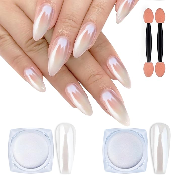 Artdone 2PCS White Pearl Chrome Nail Powder,Iridescent Aurora Powder Metallic Mirror Effect Pigment Pearlescent Mermaid Pigmen for Nail Art Manicure Decoration Sets