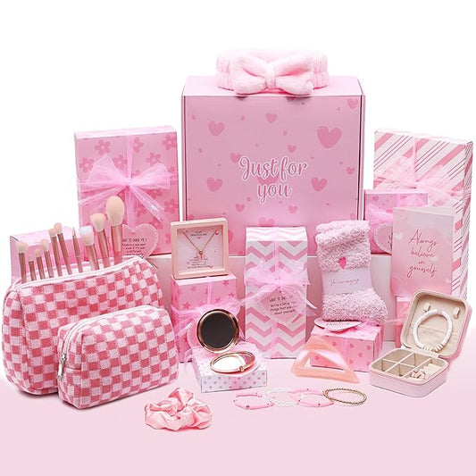Christmas Gifts for Tween & Teen Girls, 11PCS Birthday Gifts Basket Teen Girls Trendy Stuff with Empowering Tasks Make up Brushes & Bag, Beauty Advent Calendar Wrapped Gifts Box