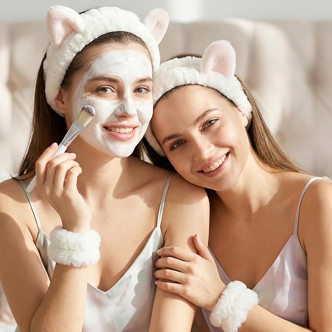 XLIUAX Headbands for Women, Elastic Spa Headband with 2pcs Wristband Set, Cute Plush Cat Ears Puffy Head Band Makeup Hair Band for Washing Face Skincare Yoga Facial Mask(White)