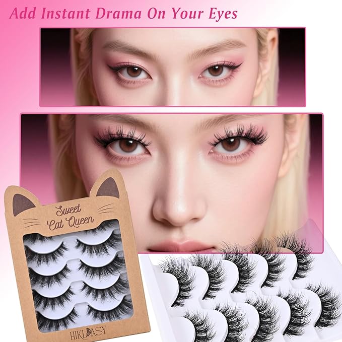 SinuVelve Extra volume False Lashes Wispay Cat Eye Lashes Natural Look Manga strip lashes 14mm D Curl Reusable 25 Times Super Soft Fake Mink Eye Lashes Light Weight Lash Strips Wispy By Hiklasy