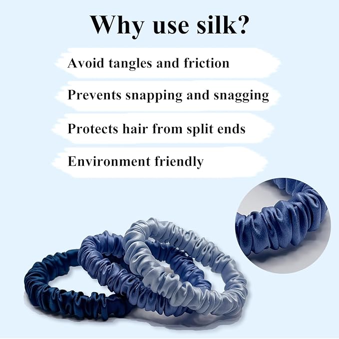 VLOMOT 3 Pcs Set 100% Pure Mulberry Silk Hair Scrunchies Hair Ties with 3 Chic Colors Everyday Skinny Scrunchies Silk Ponytail Holders Hair Care No Damage (Blue)