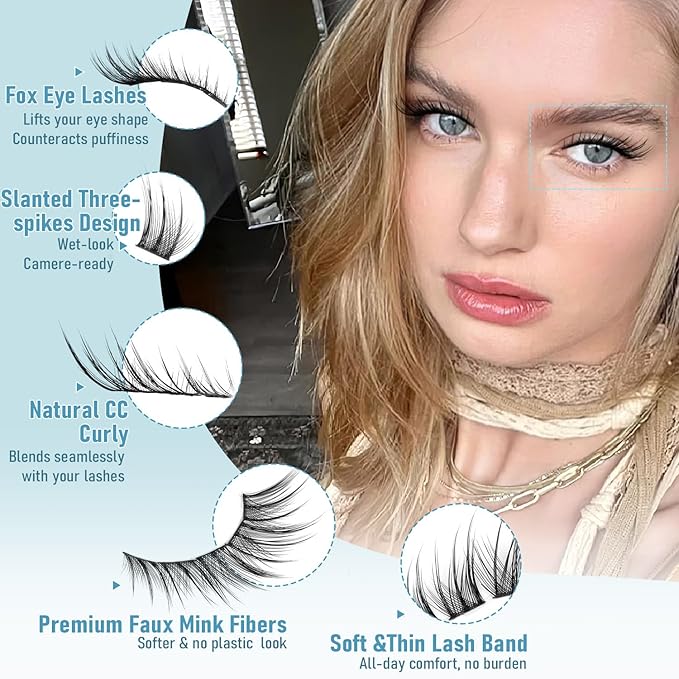 Pleell Cat eye Lash Clusters Wispy Eyelash Clusters Natural Fox Eye Lashes Left&Right Spikes Cluster Eyelash Extensions Fairy Cluster Lashes(160PCS, J Curve, 10-16MM)