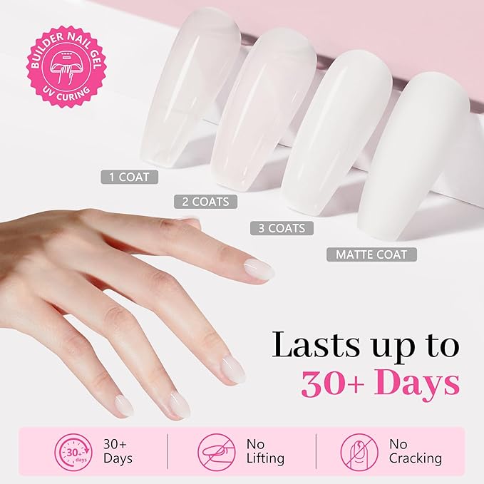 QIEK Builder Nail Gel, Milky White Builder for Nails Strengthener, 8-in-One Apex Enhancement Extension Hard Building Color Gel LED Lamp Cured Rubber Base Coat for DIY Beginners & Salon Manicure 16ML