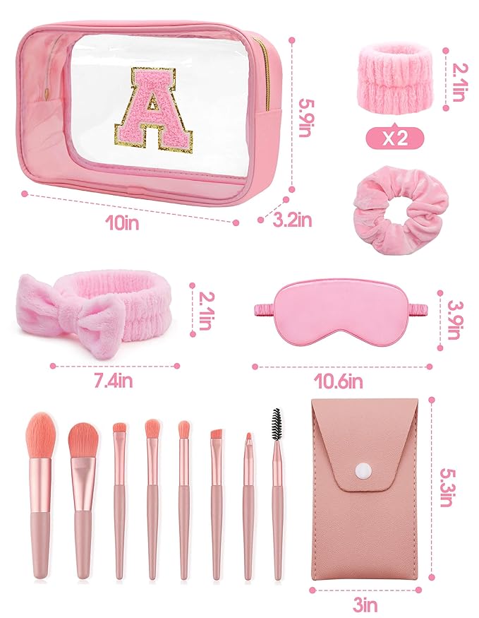 Gift Sets for Women, Initial Makeup Bag with Makeup Brush Set Bachelorette Party Favors, Pink Spa Kit with Skincare Headbands Wrist Bands Sleepover Party Supplies Gifts for Teen Girls Bridesmaid A