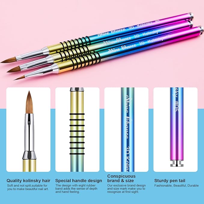 Shine Chance 3Pcs Acrylic Nail Brushes Set Size 2 4 5, Kolinsky Hair Acrylic Nail Art Brush, Art Design & Polish Mistake Cleaning Manicure Tools for Women Acrylics Application, Gradient