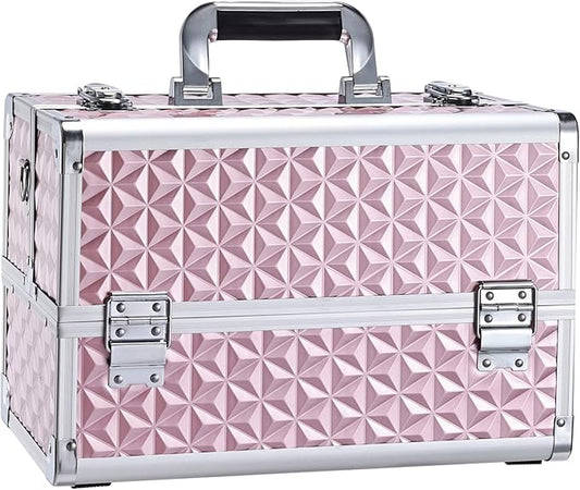 Joligrace Makeup Train Case Professional Cosmetic Organizer Aluminum Storage Box with 4 Adjustable Dividers Trays Lockable Portable with Shoulder Strap