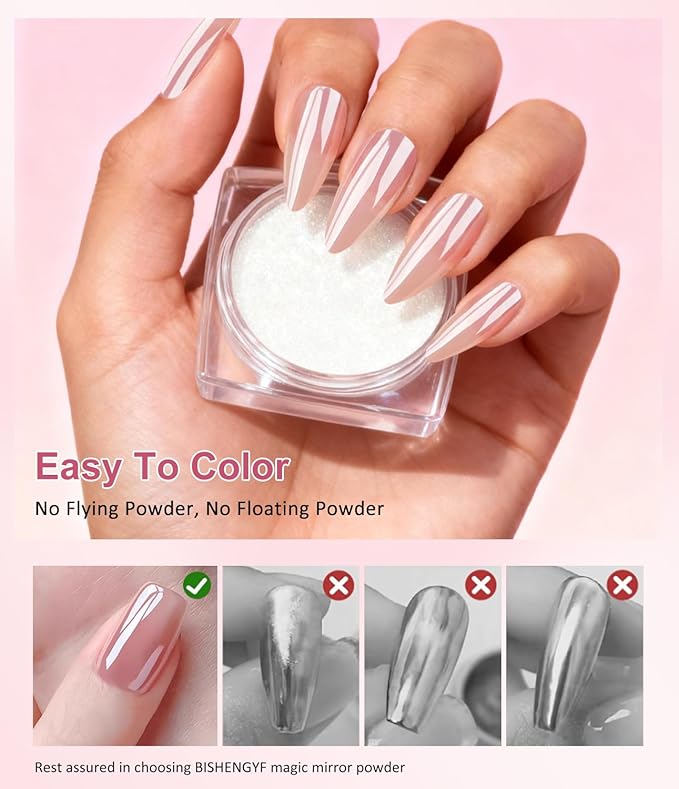 BISHENGYF Gold Chrome Nail Powder - Sparkly Laser Holographic Nail Powder Metallic Mirror Effect Ice Blue Nail Chrome POwder, White Pearl Pigment Holo Iridescent Glitter Dust Kit, Nail Art Decoration
