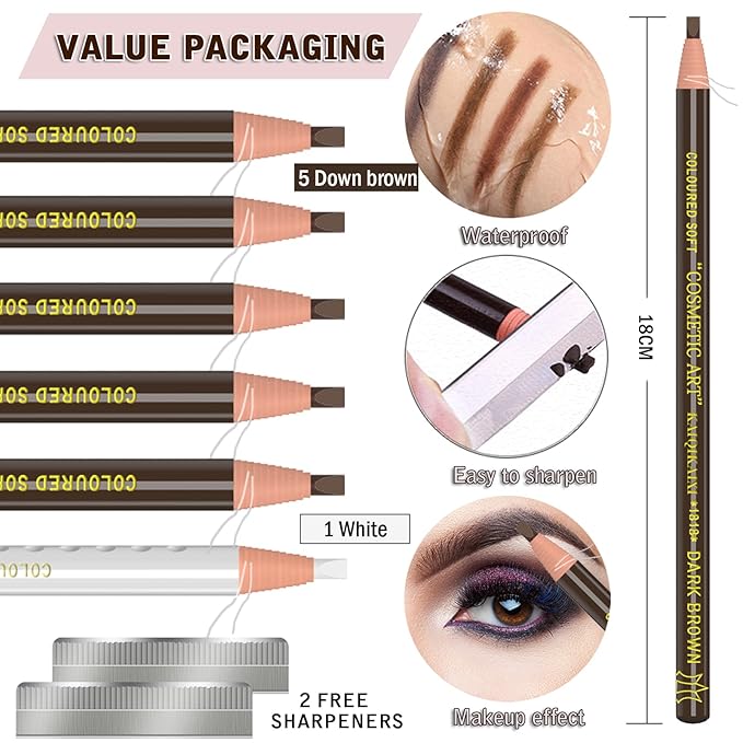 KAIQIKAIXI 6Pcs Dark Brown Waterproof Eyebrow Pencils Makeup Set For Marking, Filling And Outlining, Tattoo Makeup And Microblading Supplies Kit-Hard Refills Are Easy To Color (Dark Brown)