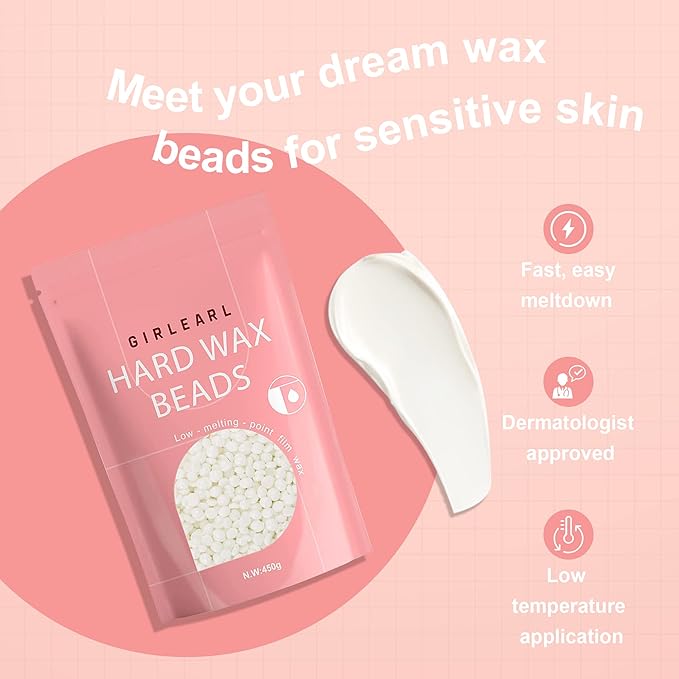 GIRLEARLE 1lb Wax Beads for Hair Removal - Unscented Hard Wax Beads Refill for Professional Full Body Waxing - Ideal for Facial, Brazilian Bikini, Legs, and Underarms at Home for Women and Men (White)
