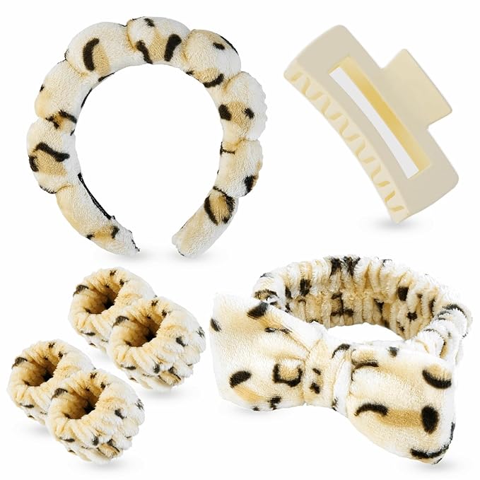 Yaqulen 7 Pcs Spa Set, Facial Headband and Wristband Set, Skincare Accessories, College Style Girl Idea Gifts, Hair Accessories for Women and Girls（Leopard）