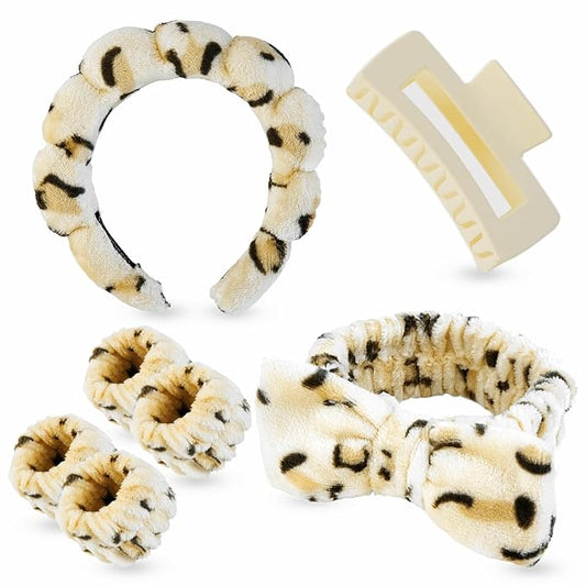 Yaqulen 7 Pcs Spa Set, Facial Headband and Wristband Set, Skincare Accessories, College Style Girl Idea Gifts, Hair Accessories for Women and Girls（Leopard）