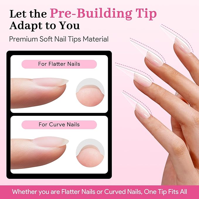 Qiek Long Stiletto Pre-Building Nail Tips, 15 Sizes 240 PCS Pre-shaped Apex Clear Soft Press On Fake Nail Half Matte Gel Nail Extensions Strong Thick Acrylic Tip for DIY Beginners & Salon Manicure
