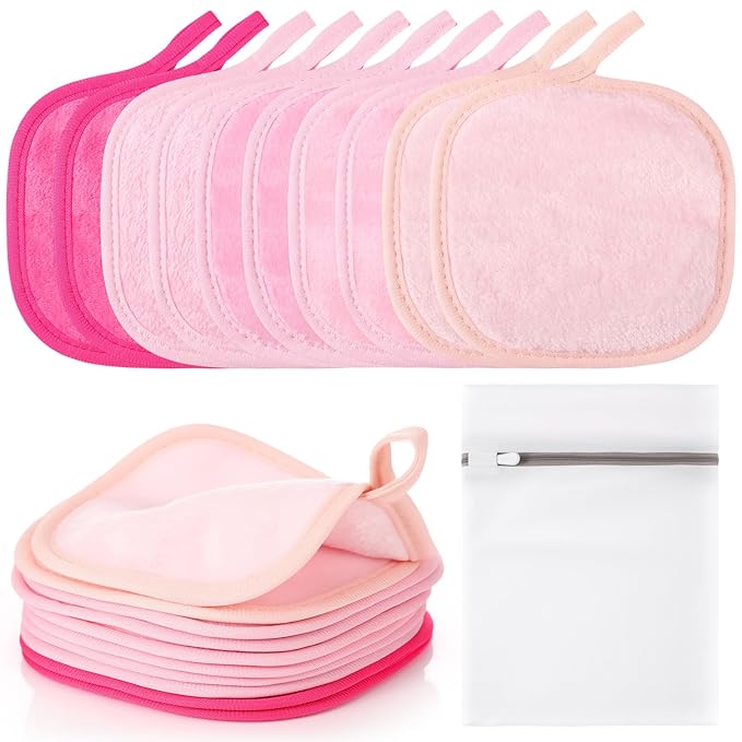VitalCozy 10 Pack Makeup Remover Cloths, Makeup Remover Towels Reusable Face Cloth Eraser for Washing Face Microfiber Washcloth for Women Cleansing Just Water with Mesh Bag(Pink Colors)