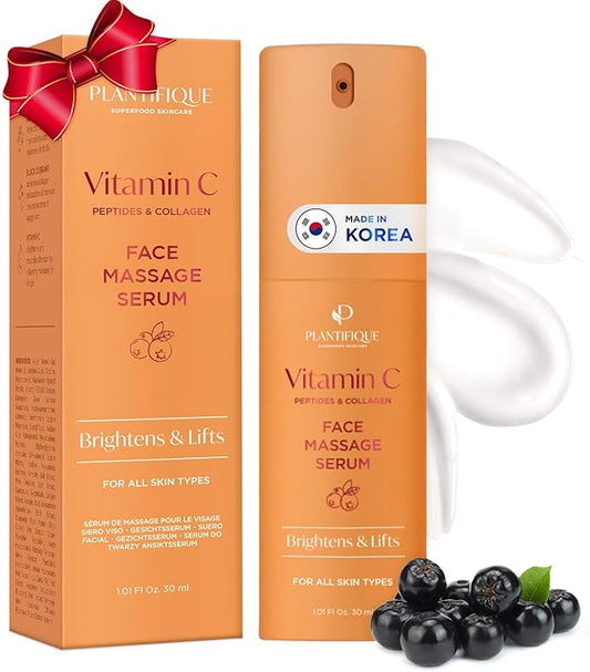 PLANTIFIQUE Korean Vitamin C Face Massage Serum – Hydrating Anti-Aging Collagen & Peptides Formula – Perfect for Gua Sha Facial Massage & Even Skin Tone Glow