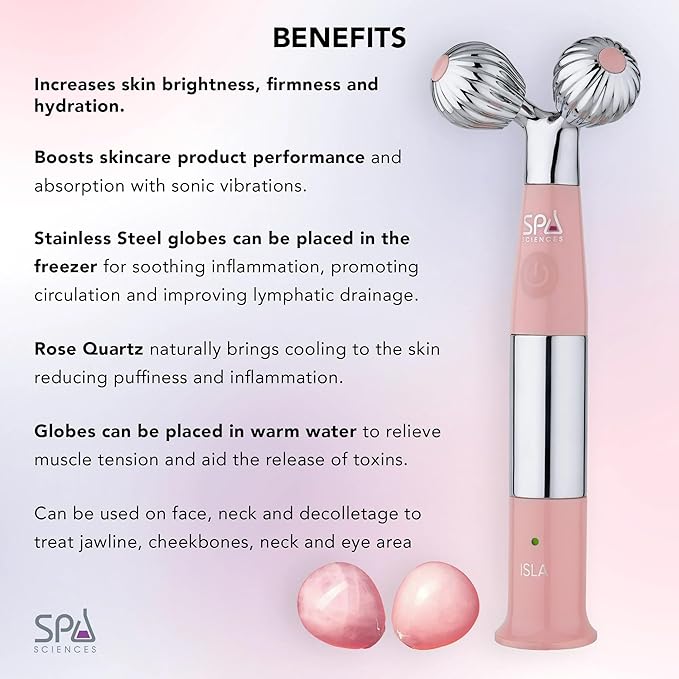 Spa Sciences ISLA Ice + Heat Contouring Roller (Face, Neck, and Décolletage) – Including Steel + Bonus Genuine Rose Quartz Globes