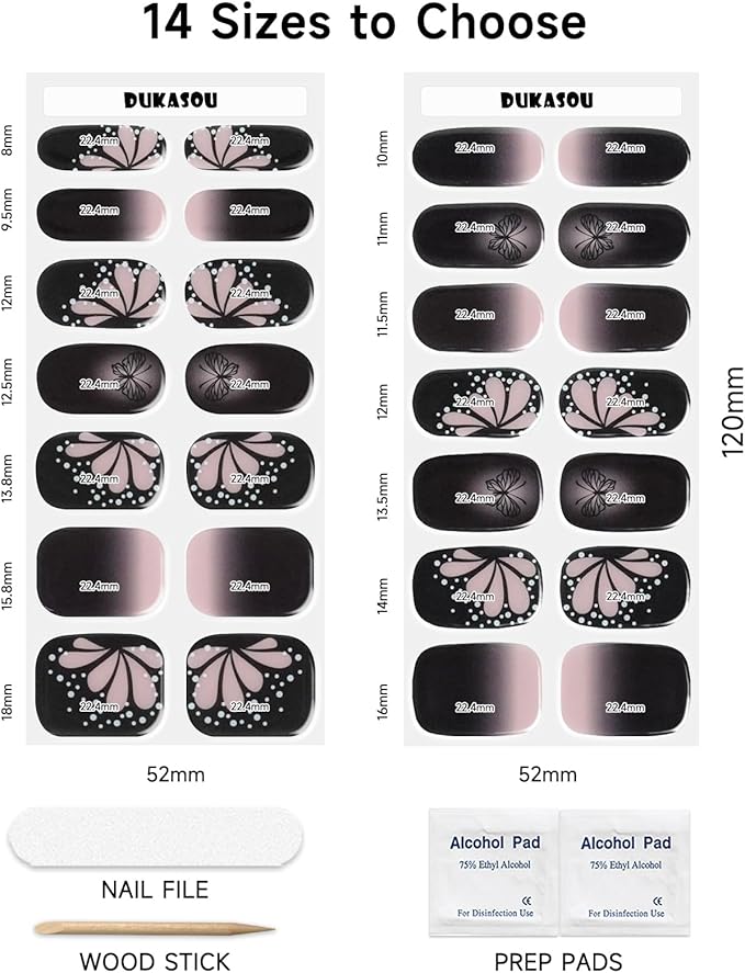 DUKASOU Semi Cured Gel Nail Strips, 56Pcs Nail Art Stickers/Wraps, Long Lasting UV Nail Polish Strips for Adults(Black Pink Butterfly)