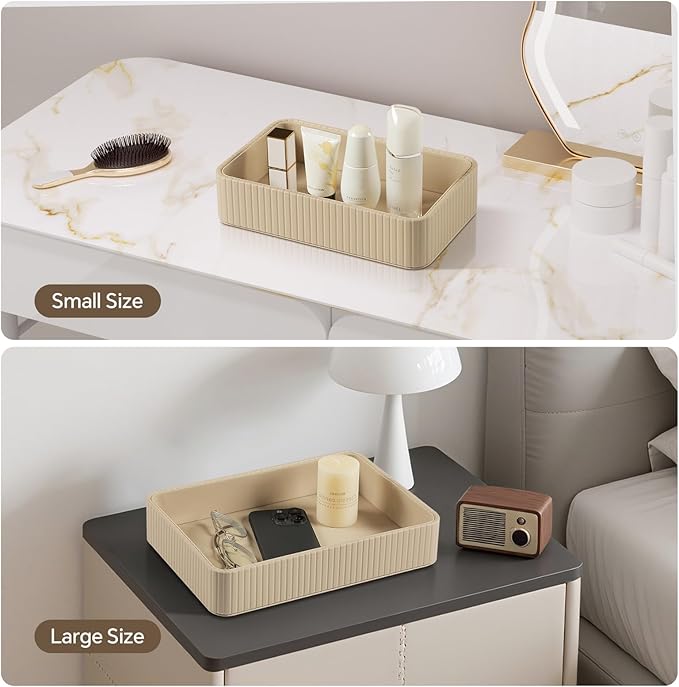 MEIBOOCH 2 Pack Nightstand Organizer Tray, Decorative Perfume Valet Tray Trinket Dish Catch All Purse Key Bowl, PU Leather Coffee Table Trays for Vanity Dresser Bedside Bathroom Countertop (Beige)