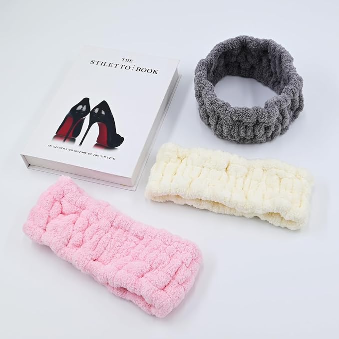 Pejnl Microfiber Spa Headband 3-Pack, Soft Terry Cloth Headband for Washing Face, Facial Mask, Makeup, Shower, Yoga, Gift for Women and Teens (Gray+Milk White+Pink)