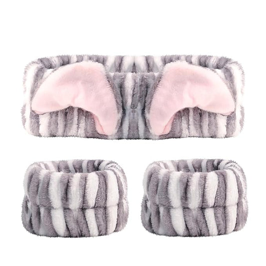 PERFECTSIGHT 2 Pack Cute Animal Headbands for Makeup Wash Shower Adjustable Elastic Hair Band for Girls and Women (Gray Cat Ear)