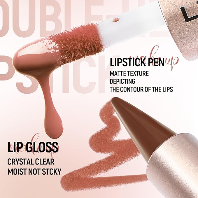 BAISEN DIARY 2-in-1 Double-Ended Matte Lip Liner & Lip Gloss Duo, Mauve Rose Ombre Lip Combo Pencil, Lip Liner and Lipstick Gloss Set for Defined & Fuller Looking Lips (#05 Mauve Rose Ombre)