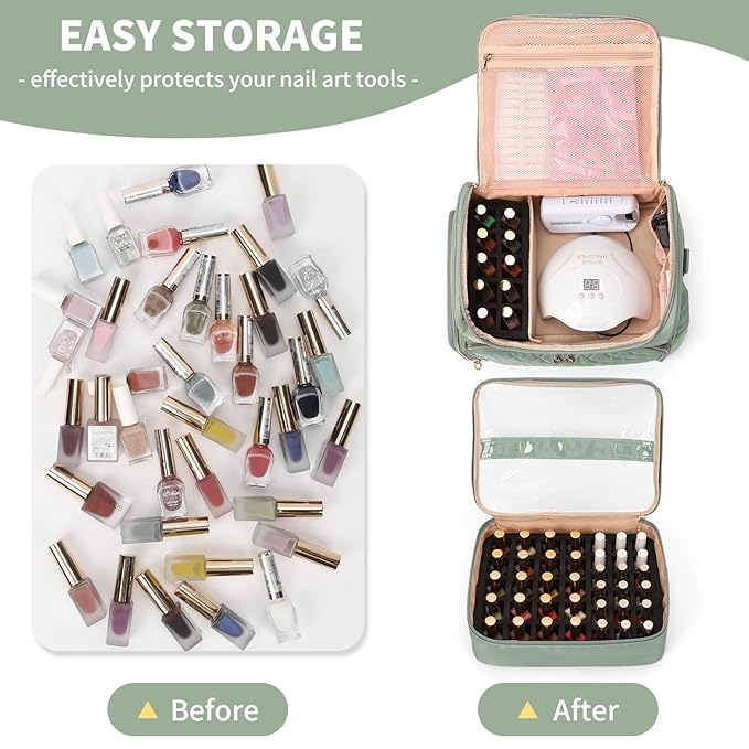 Extra Large Nail Polish Organizer Case Holds 86 to 100+ Bottles Nail Polish & Nail Lamp, Nail Supplies Storage Carrying Bag with 2 Removable Pouches, Portable Nail Tech Travel Box (Green, 86 Slots)