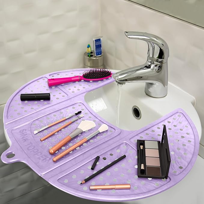 Sink Topper Bathroom Sink Cover for Counter Space & Storage Saver | RV Must Haves | Silicone Foldable Beauty Makeup Brush Cleaning Mat | Hot Tools Organizer | RV Sink Cover | Standard, Iris Lavender